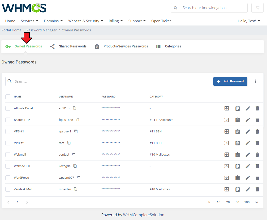 Password Manager For WHMCS: WHMCS client area Owned Passwords table with Name, Username, Password and Category columns