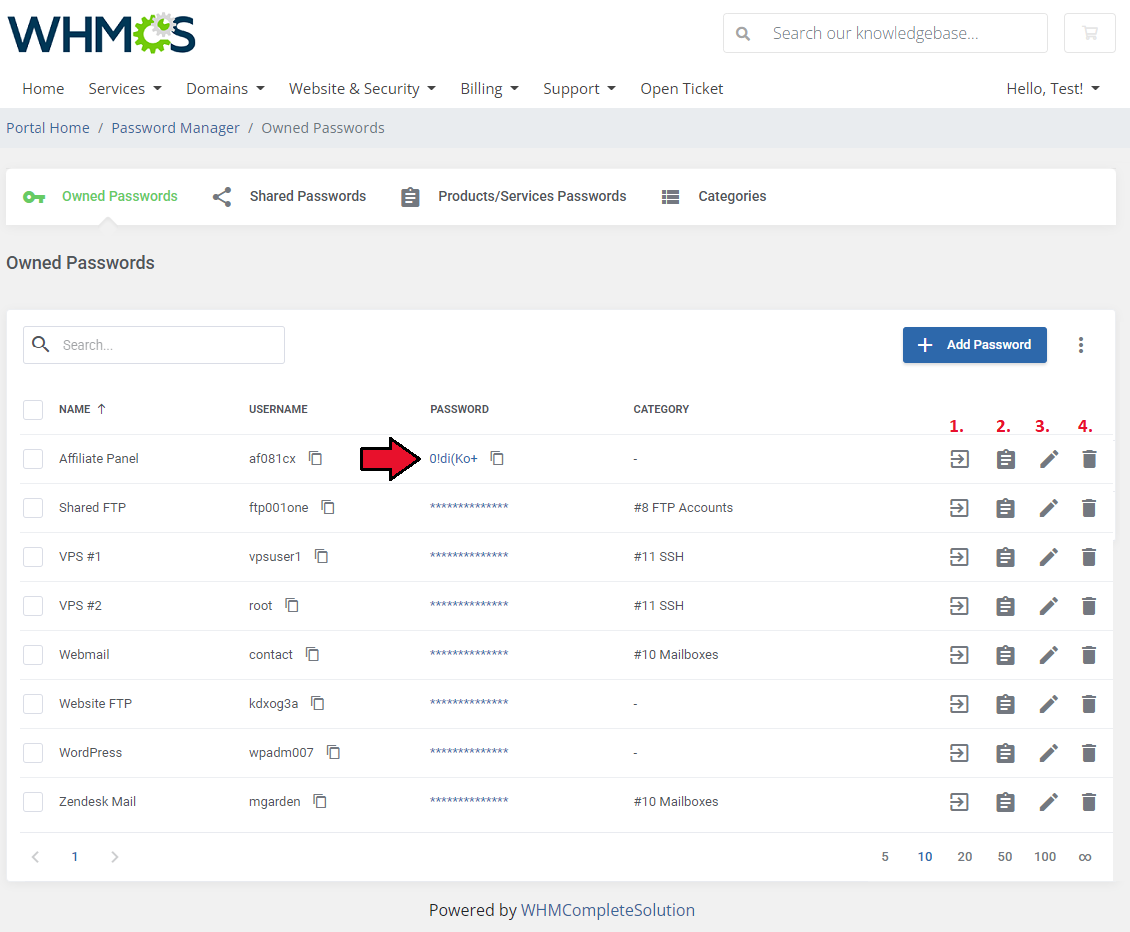Password Manager For WHMCS: WHMCS client area Owned Passwords table with a revealed password and numbered action icons