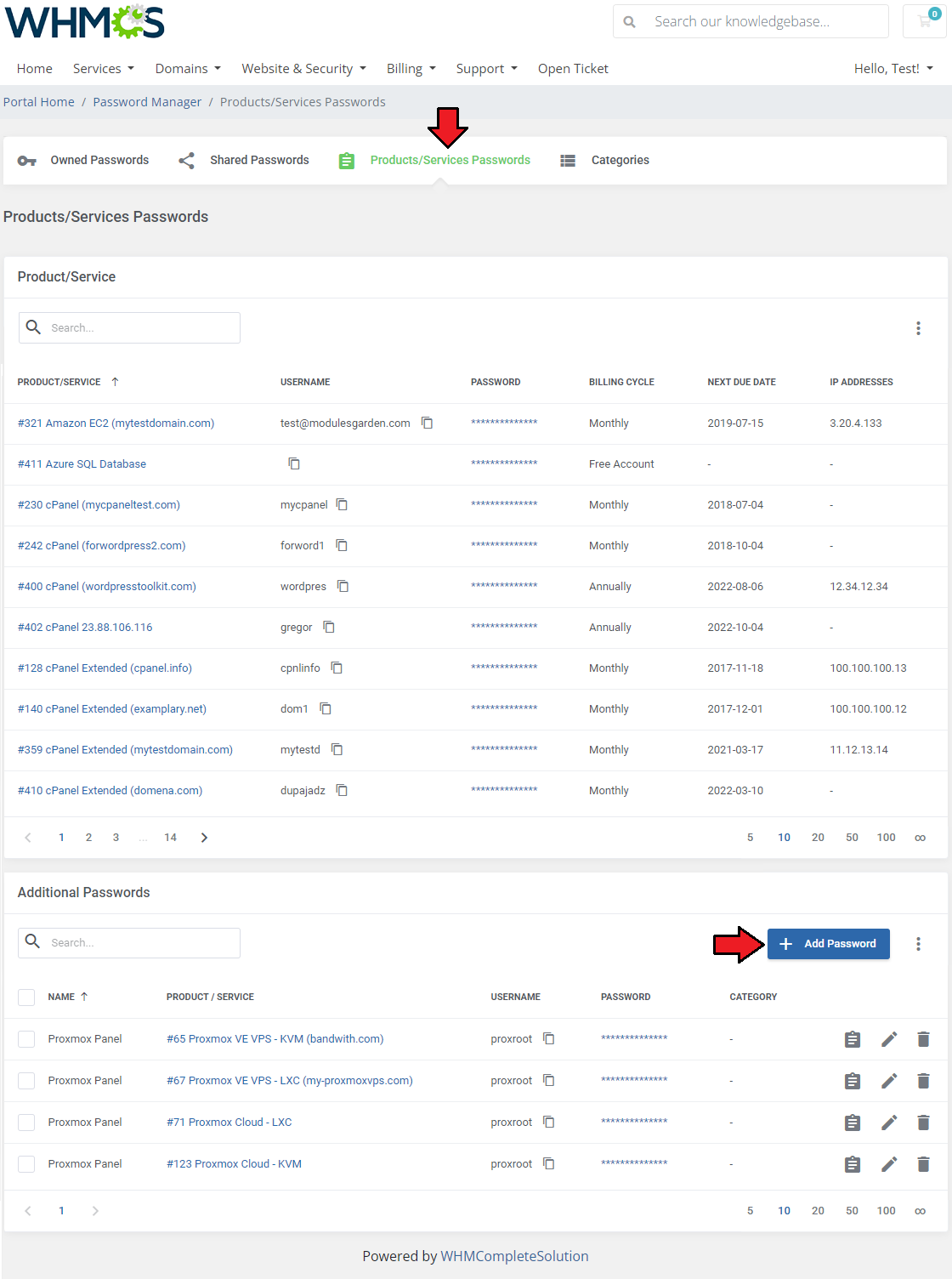 Password Manager For WHMCS: WHMCS client area Products/Services Passwords page with product table and Additional