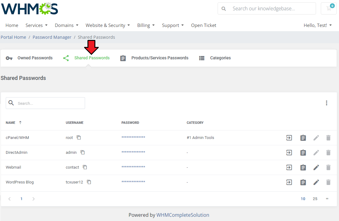 Password Manager For WHMCS: WHMCS client area Shared Passwords tab with a table of passwords shared by administrators
