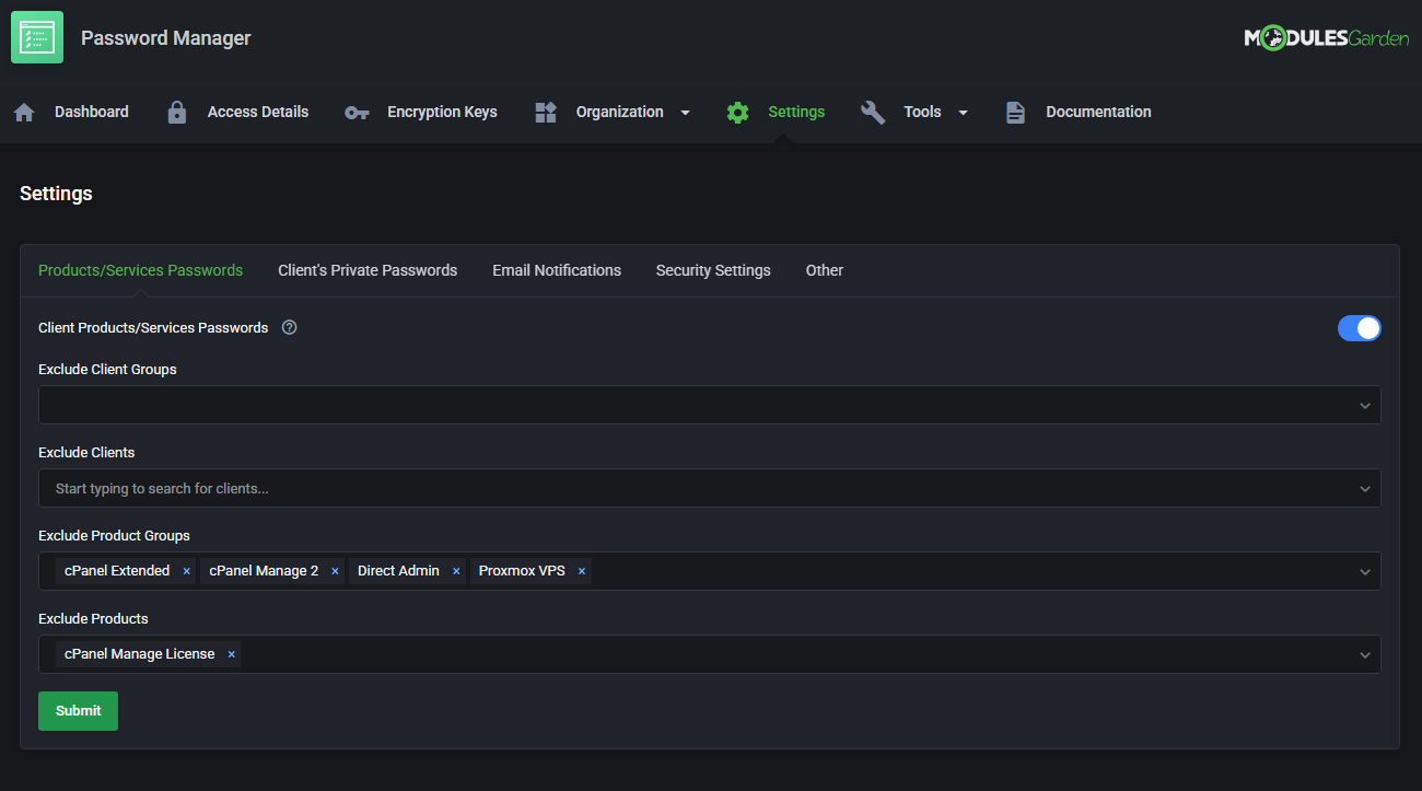 Password Manager For WHMCS: Settings page in the dark theme showing Products/Services Passwords tab with exclusion