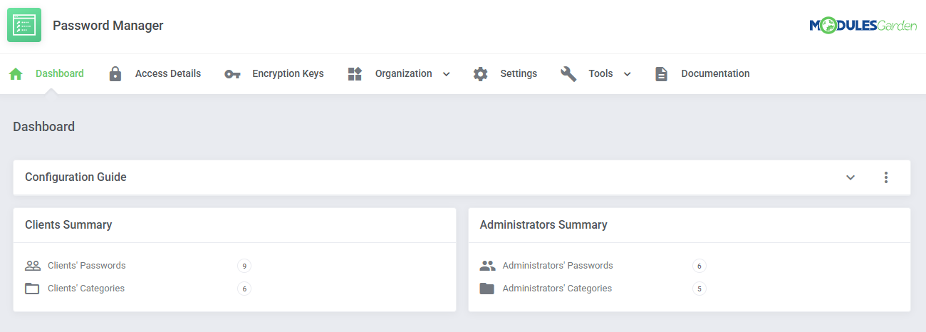 Password Manager For WHMCS: Dashboard with the Configuration Guide collapsed above Clients Summary and Administrators