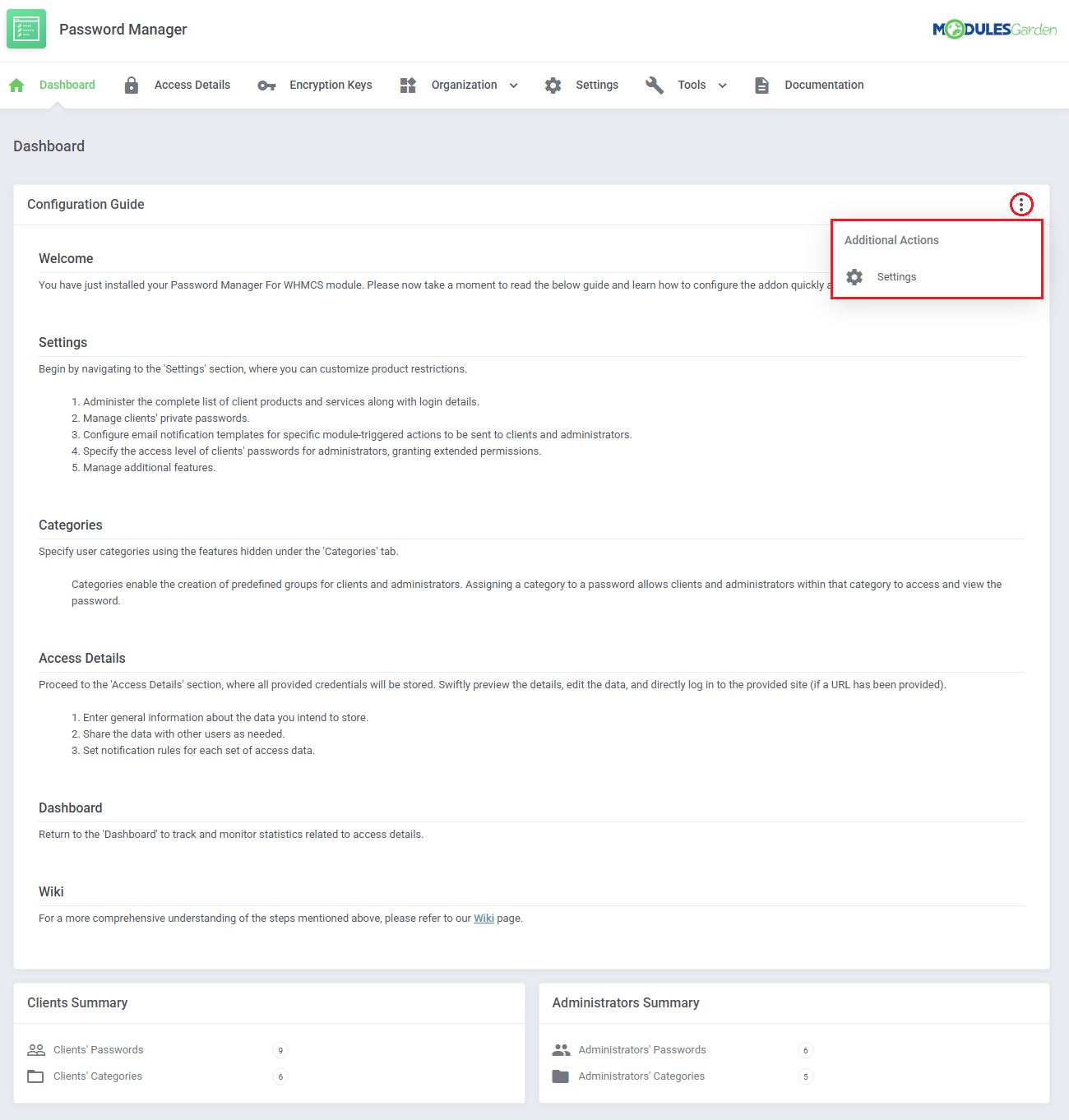 Password Manager For WHMCS: Dashboard Configuration Guide menu with Additional Actions and the Settings option