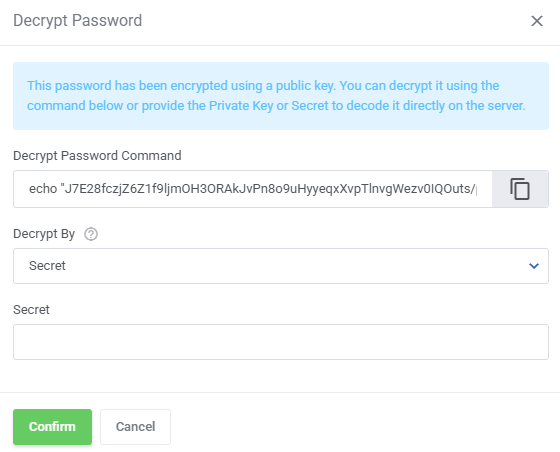 Password Manager For WHMCS: Decrypt Password dialog with the command, Decrypt By set to Secret and the Secret field