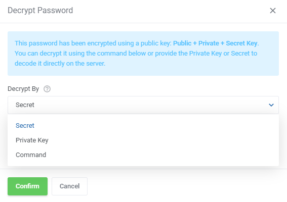 Password Manager For WHMCS: Decrypt Password dialog with the Decrypt By list offering Secret, Private Key and Command