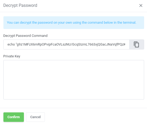 Password Manager For WHMCS: Decrypt Password dialog with the decrypt command to copy and a Private Key field