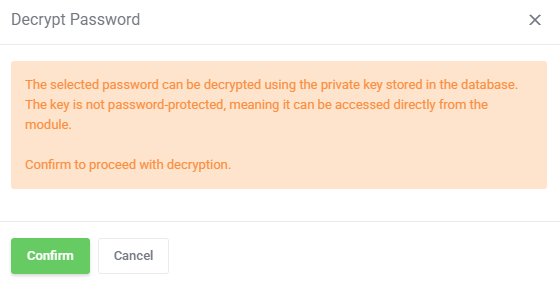 Password Manager For WHMCS: Decrypt Password dialog confirming decryption with the private key stored in the database