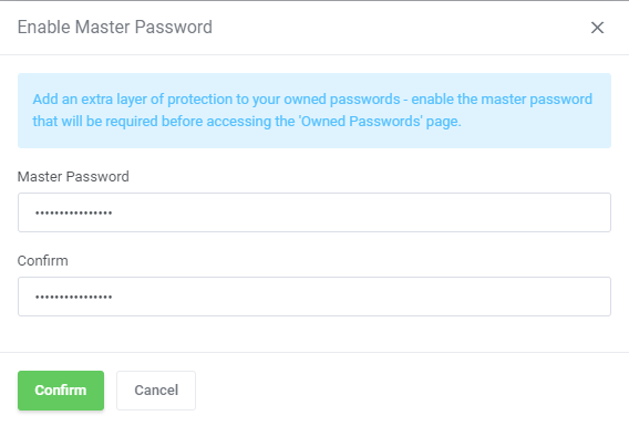 Password Manager For WHMCS: Enable Master Password dialog with Master Password and Confirm fields
