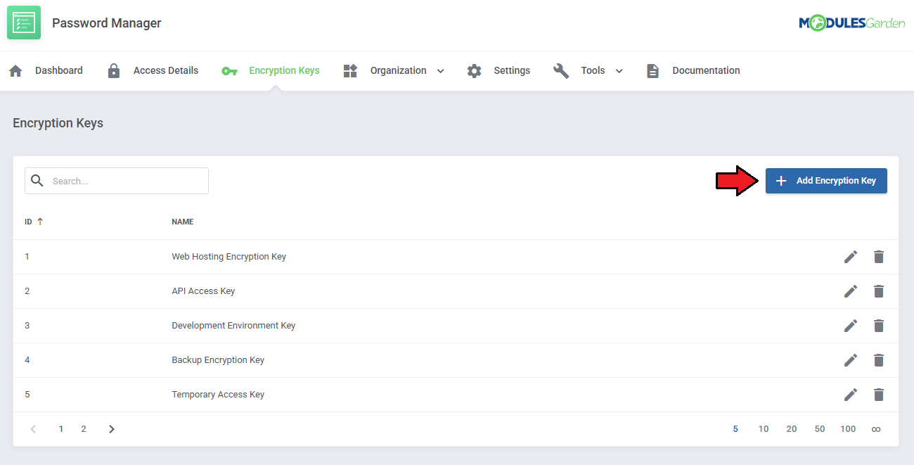 Password Manager For WHMCS: Encryption Keys page with a list of keys and the Add Encryption Key button