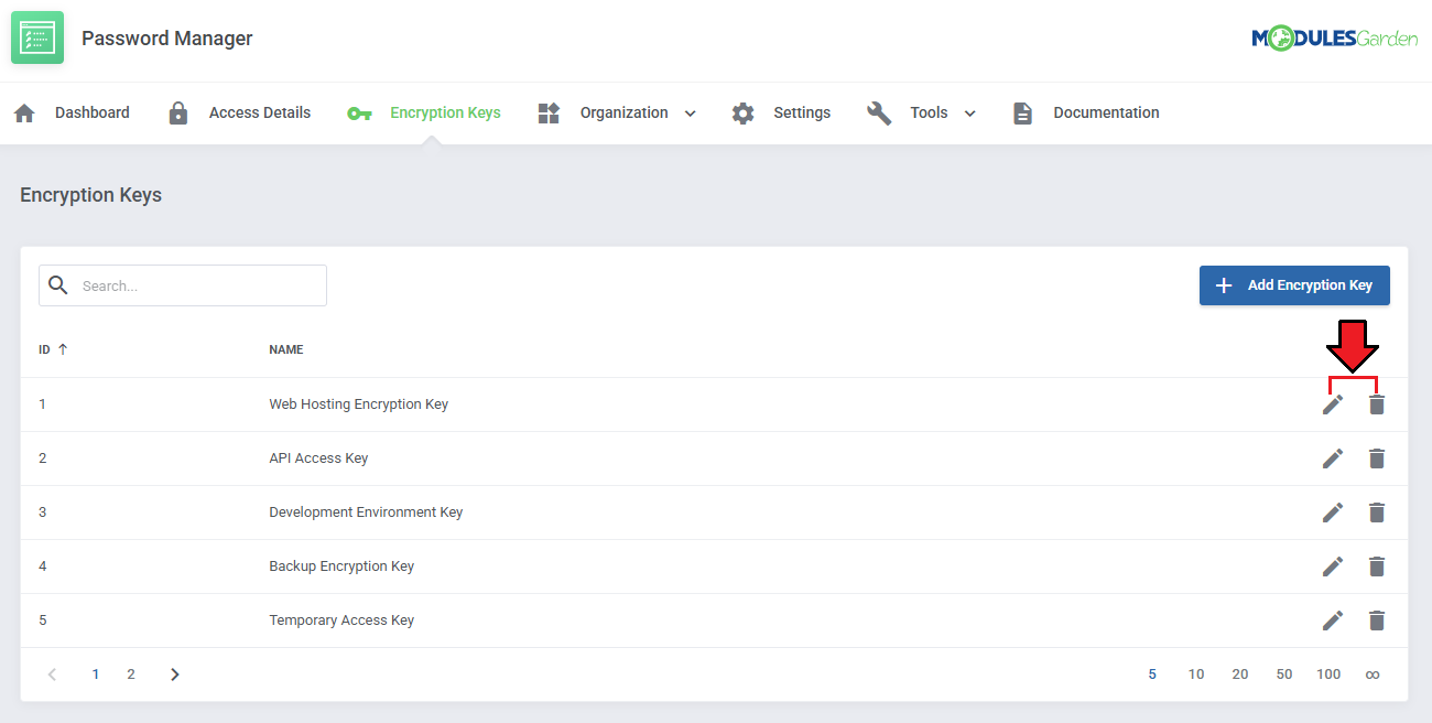 Password Manager For WHMCS: Encryption Keys list with the edit and delete action buttons for each key