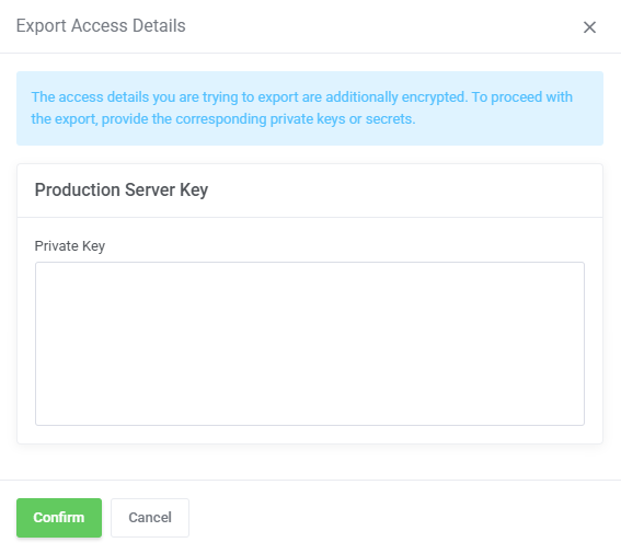 Password Manager For WHMCS: Export Access Details dialog asking for the private key of an encrypted Production Server