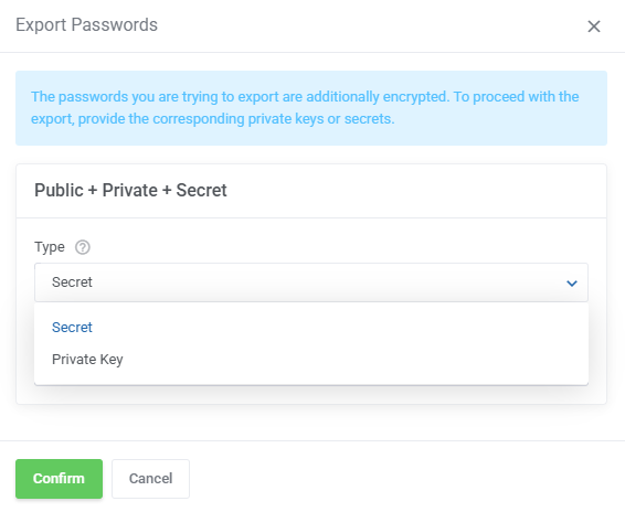 Password Manager For WHMCS: Export Passwords dialog asking for a secret or private key for encrypted passwords