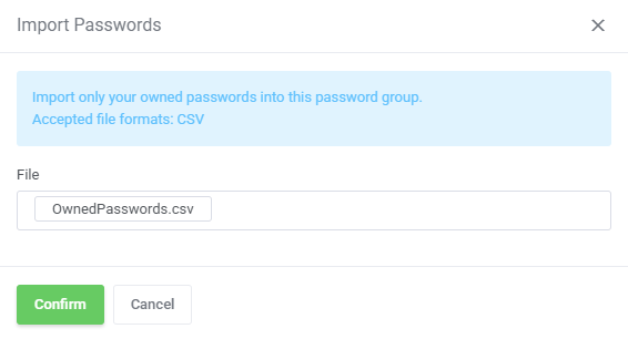 Password Manager For WHMCS: Import Passwords dialog with a CSV file selected in the File field