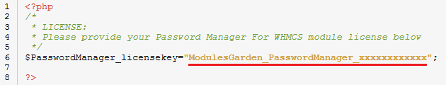 Password Manager For WHMCS: license.php file opened in an editor with the license key entered between quotation marks