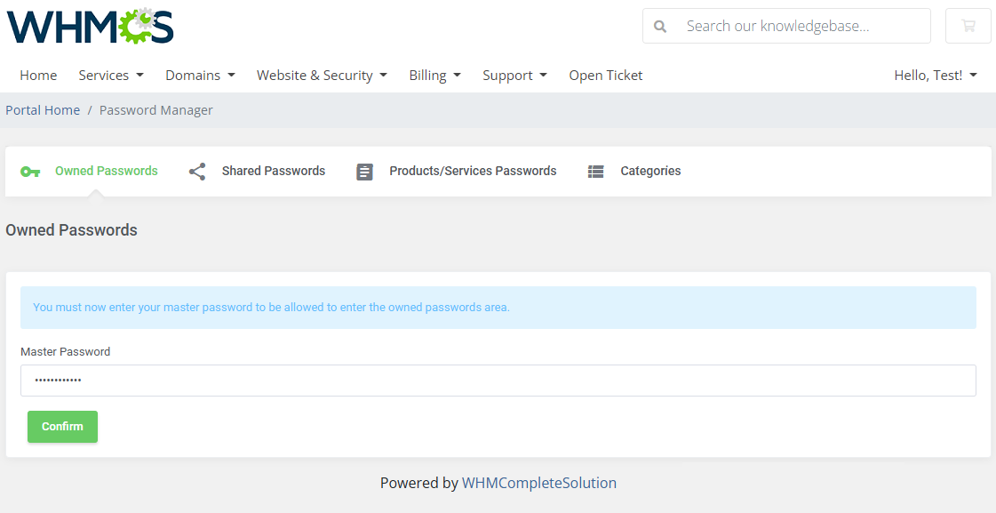 Password Manager For WHMCS: Client area prompt asking for the master password to open the Owned Passwords section