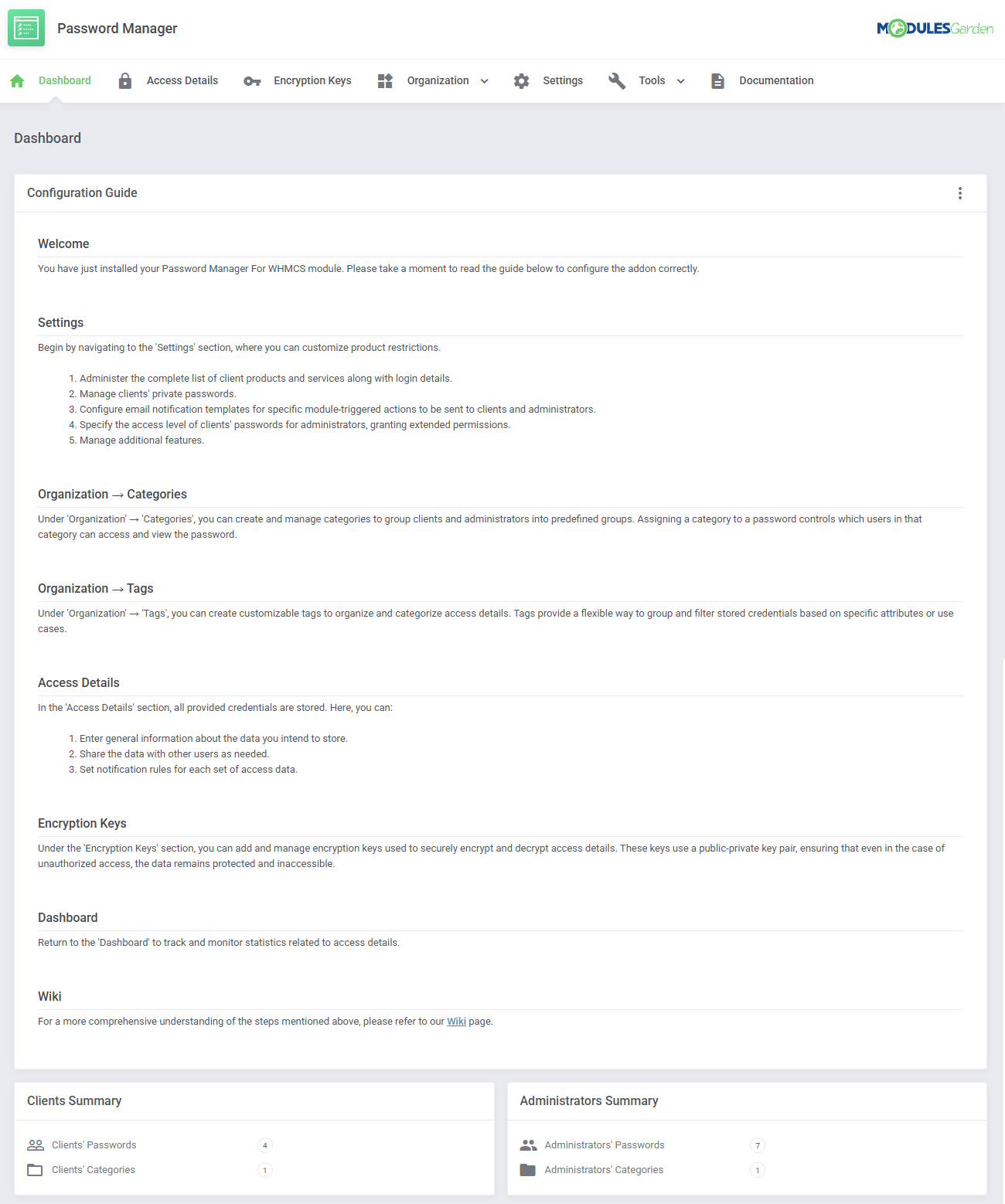 Password Manager For WHMCS: module Dashboard with the Configuration Guide and the Clients and Administrators summary