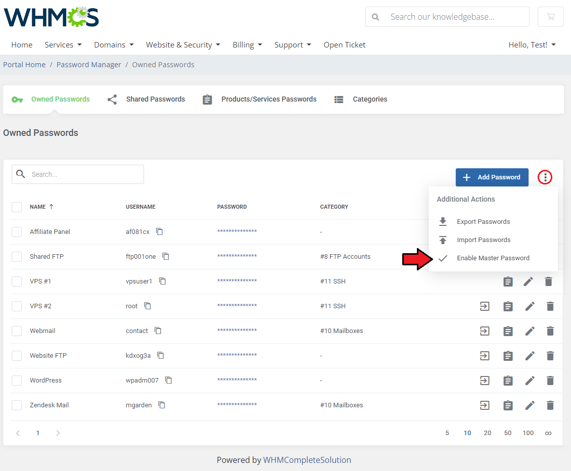 Password Manager For WHMCS: Owned Passwords Additional Actions menu with the Enable Master Password option highlighted