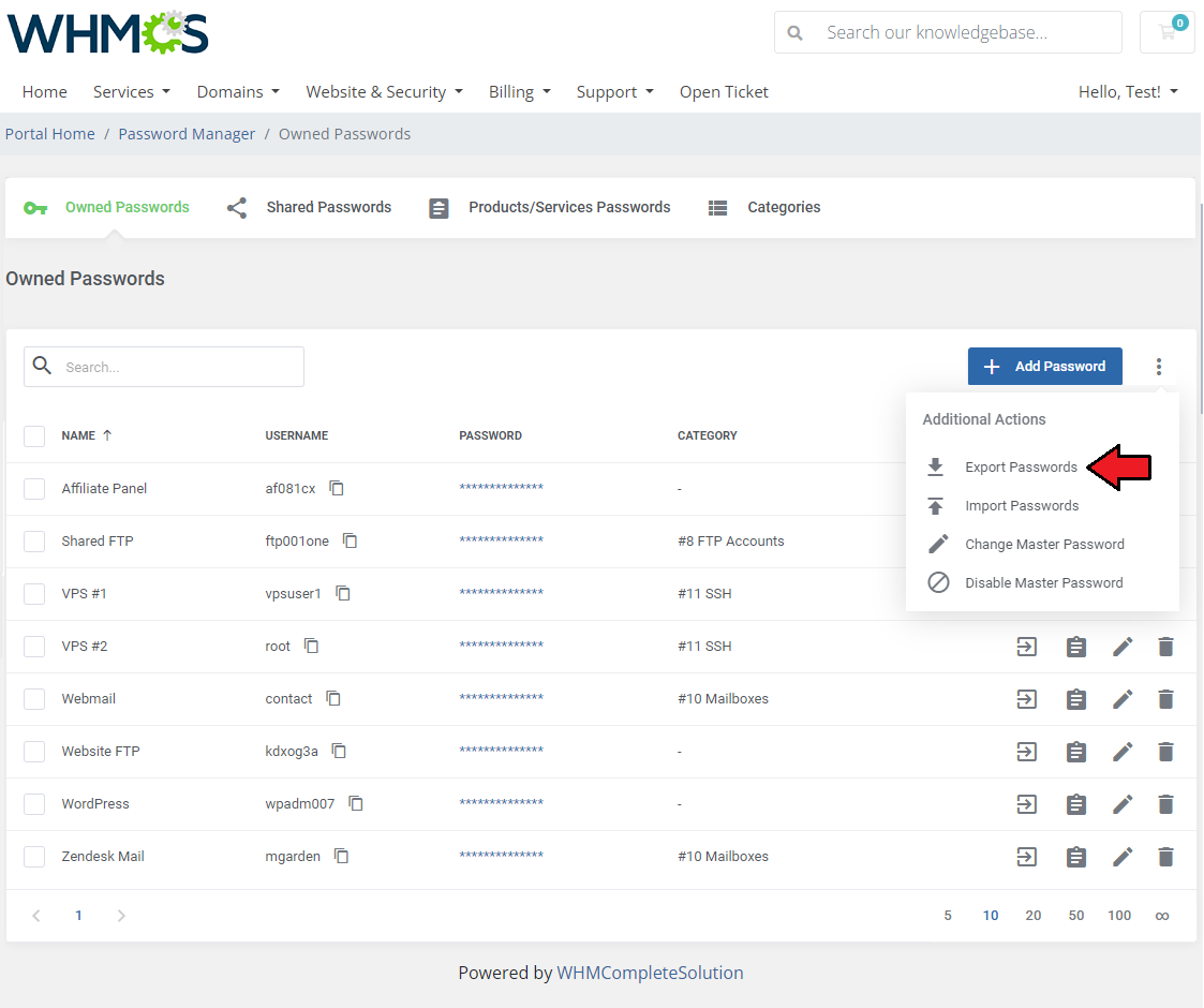 Password Manager For WHMCS: Owned Passwords Additional Actions menu with the Export Passwords option highlighted