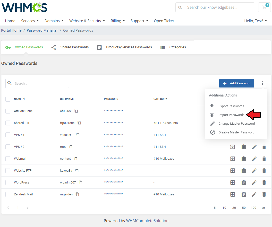 Password Manager For WHMCS: Owned Passwords Additional Actions menu with the Import Passwords option highlighted