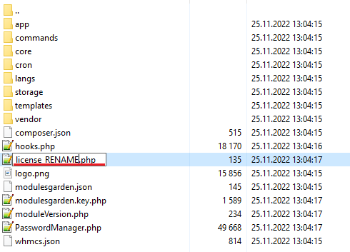 Password Manager For WHMCS: file manager listing the module files with license_RENAME.php being renamed to license.php
