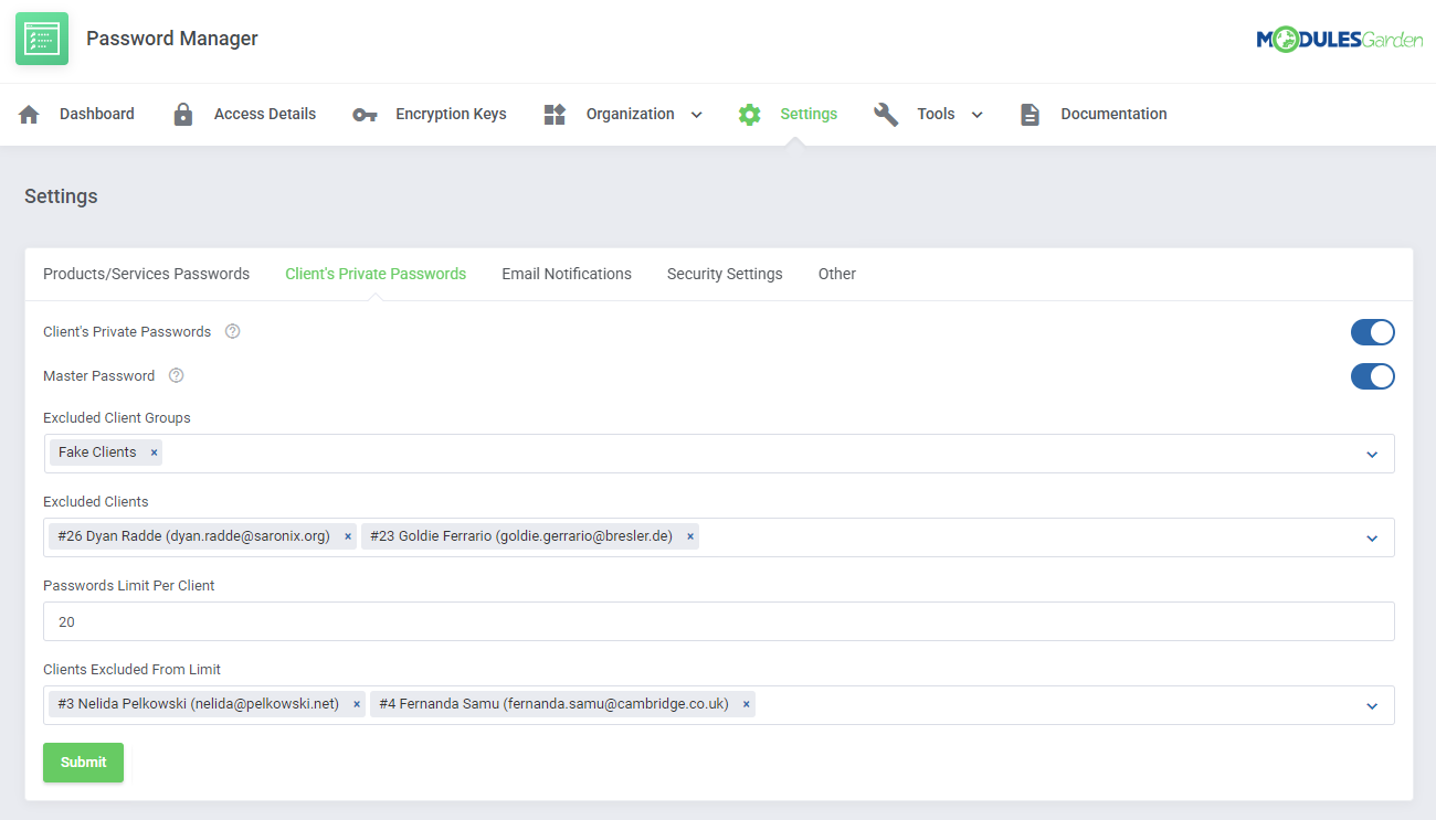 Password Manager For WHMCS: Settings page, Client's Private Passwords tab with master password, password limit and