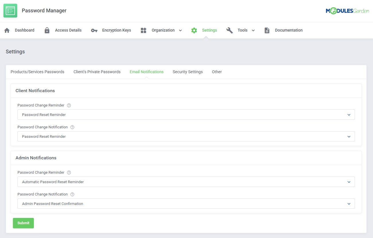Password Manager For WHMCS: Settings page, Email Notifications tab with client and admin email template dropdowns