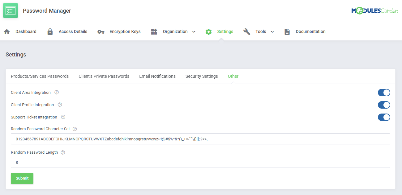 Password Manager For WHMCS: Settings page, Other tab with integration switches, random password character set and length
