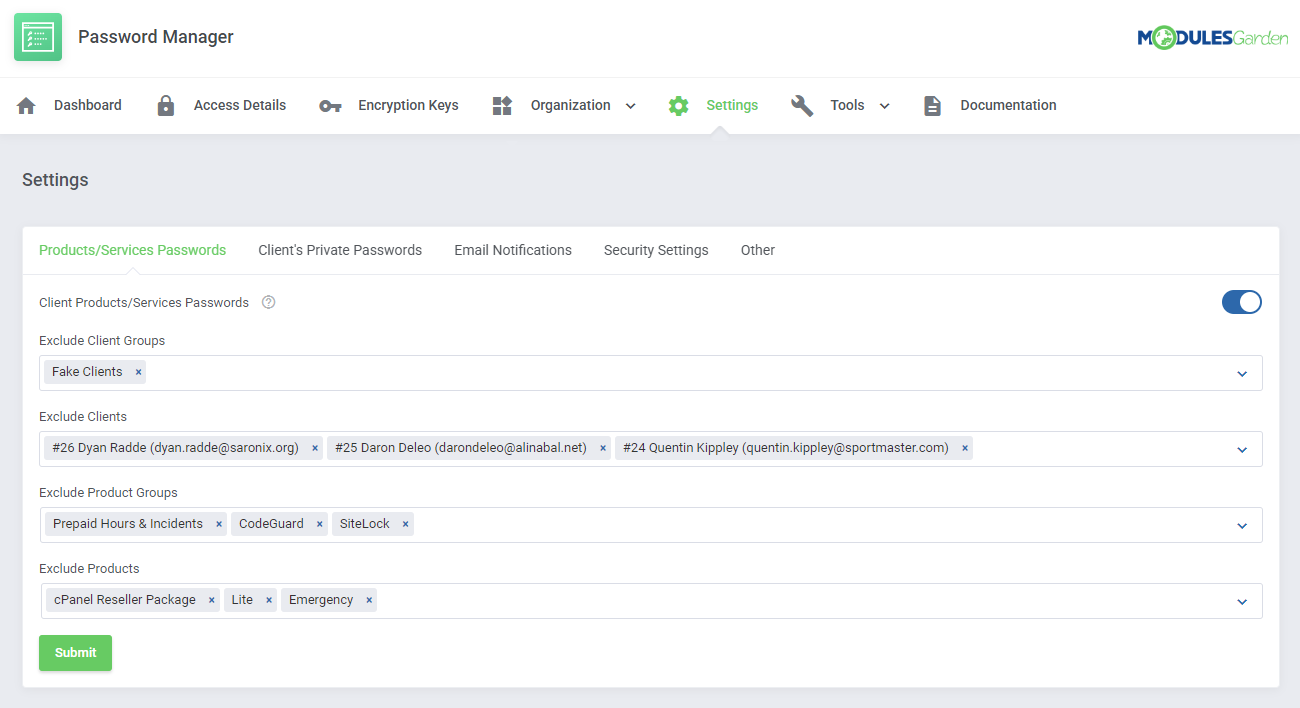 Password Manager For WHMCS: Settings page, Products/Services Passwords tab with exclusions for groups, clients and