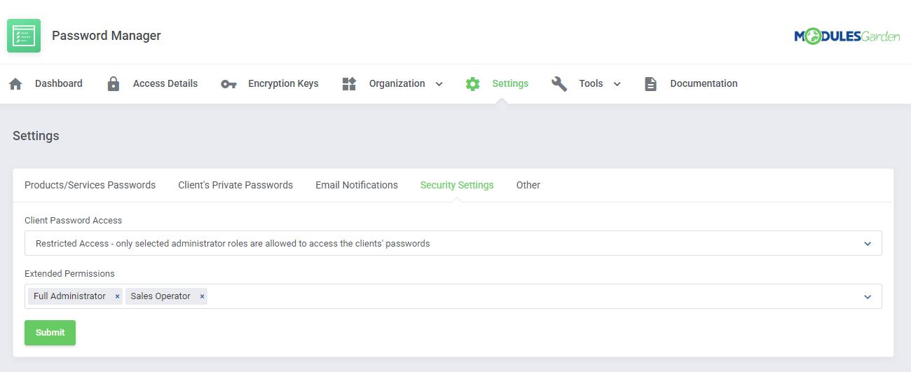 Password Manager For WHMCS: Settings page, Security Settings tab with Client Password Access and Extended Permissions