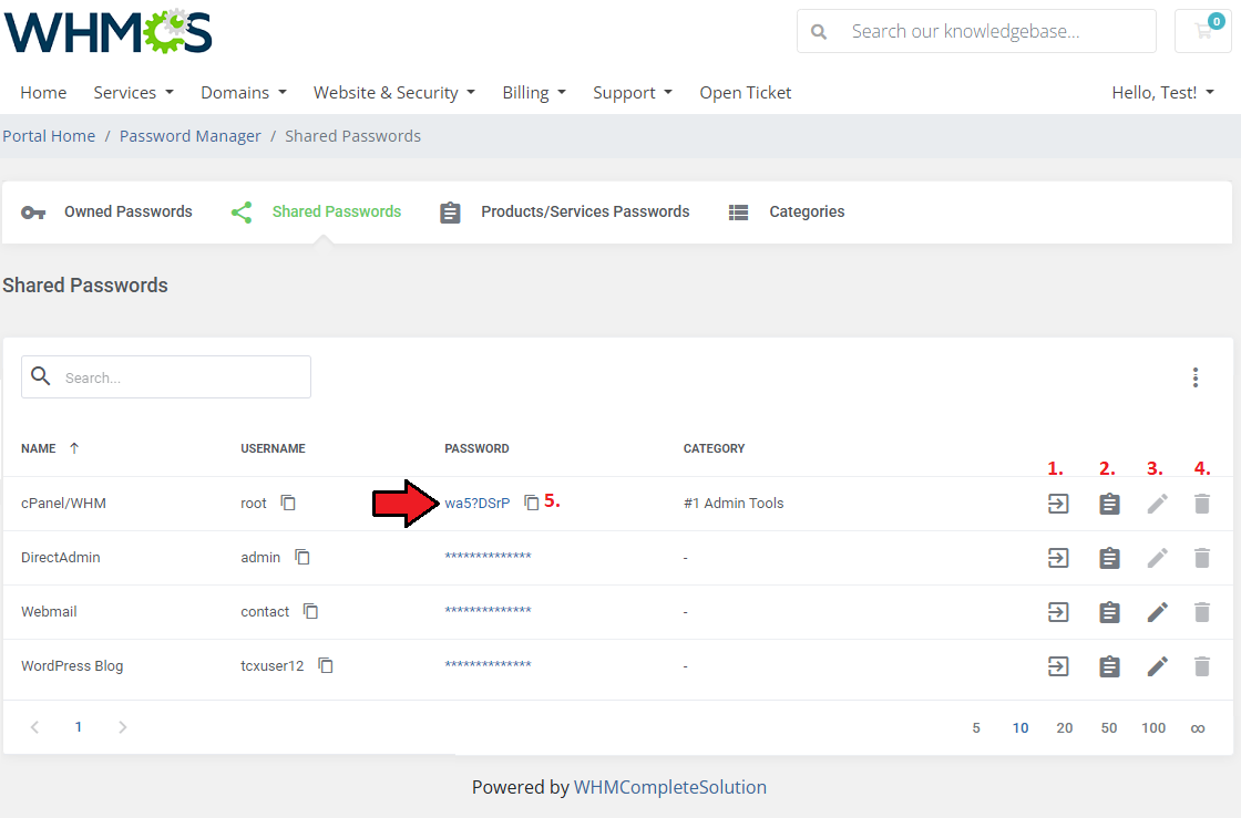 Password Manager For WHMCS: WHMCS client area Shared Passwords table with numbered action icons and a revealed password