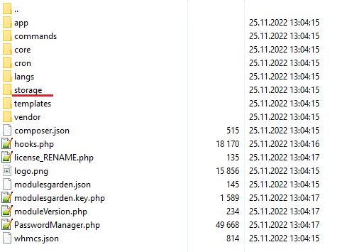 Password Manager For WHMCS: file manager with the storage folder of the module underlined to set it as writable