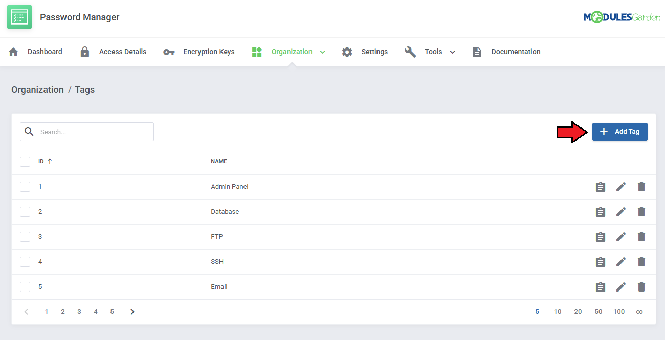 Password Manager For WHMCS: Organization Tags page with a list of tags and the Add Tag button