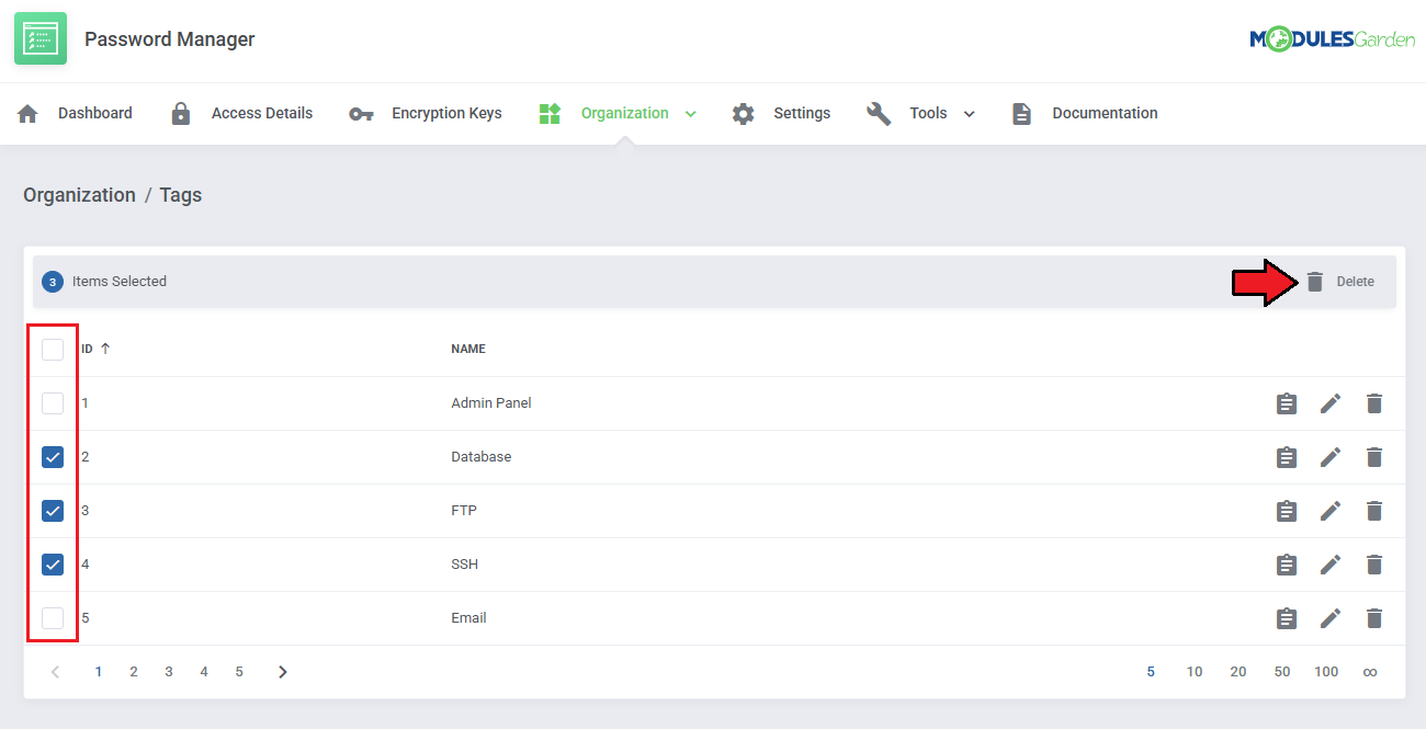 Password Manager For WHMCS: Organization Tags list with three tags selected and the Delete mass action button