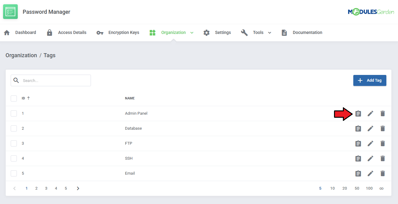 Password Manager For WHMCS: Organization Tags list with an arrow pointing at the Show Access Details button of a tag