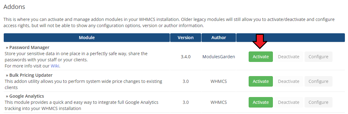 Password Manager For WHMCS: WHMCS Addon Modules list with the Activate button next to Password Manager