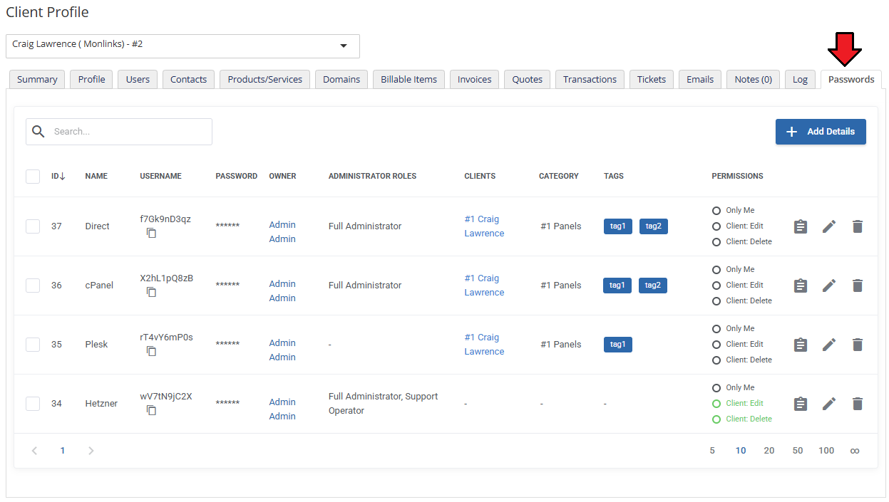 Password Manager For WHMCS: WHMCS client profile Passwords tab listing access details with the Add Details button