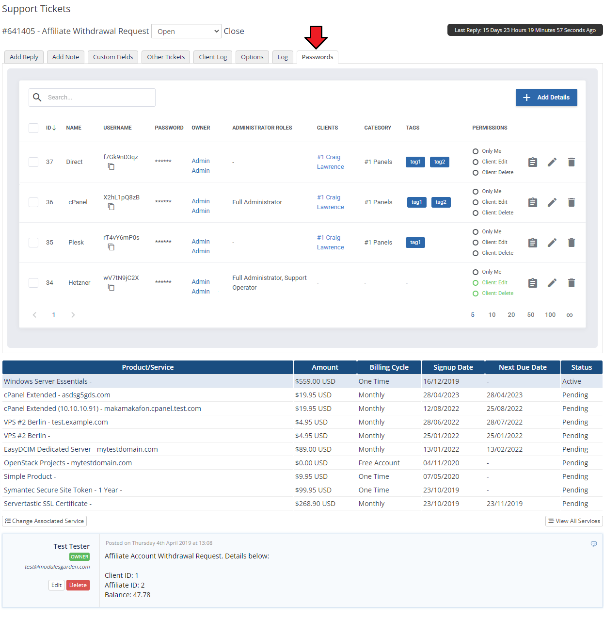 Password Manager For WHMCS: WHMCS support ticket page with the Passwords tab showing a list of access details