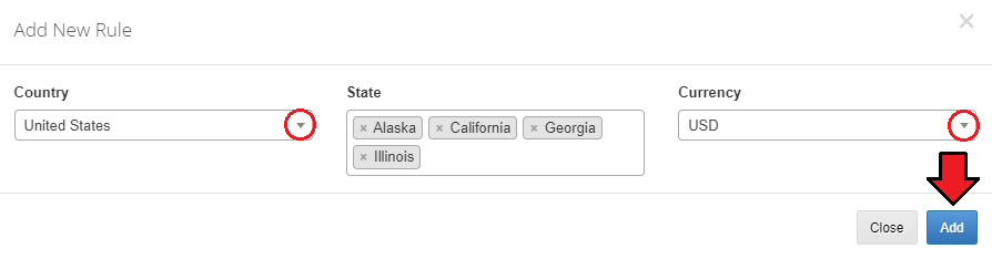 Payment Gateway Allocator For WHMCS: Add New Rule dialog with Country, State and Currency fields and the Add button