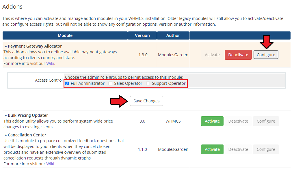 Payment Gateway Allocator For WHMCS: addon configuration with Access Control admin role checkboxes and Save Changes