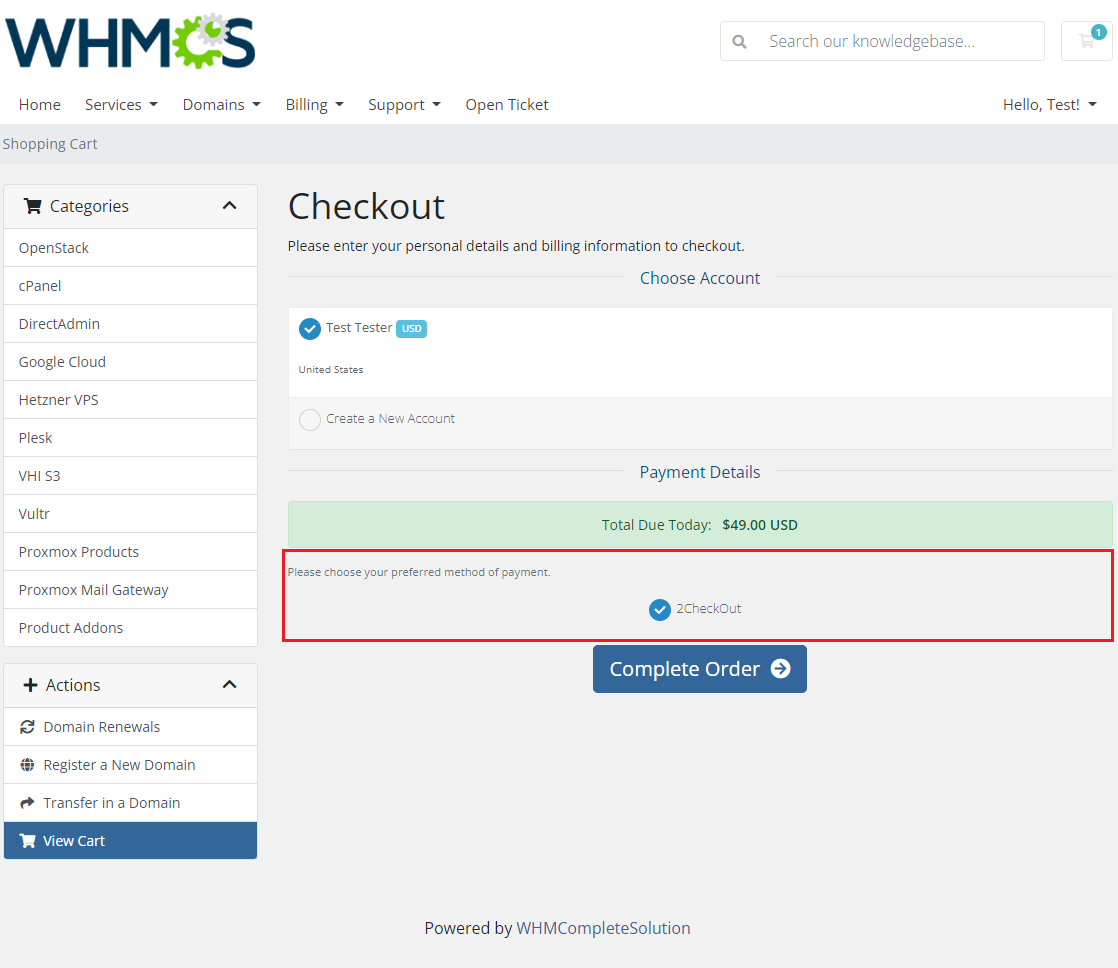 Payment Gateway Allocator For WHMCS: WHMCS client area checkout where a client from United States can pay only with