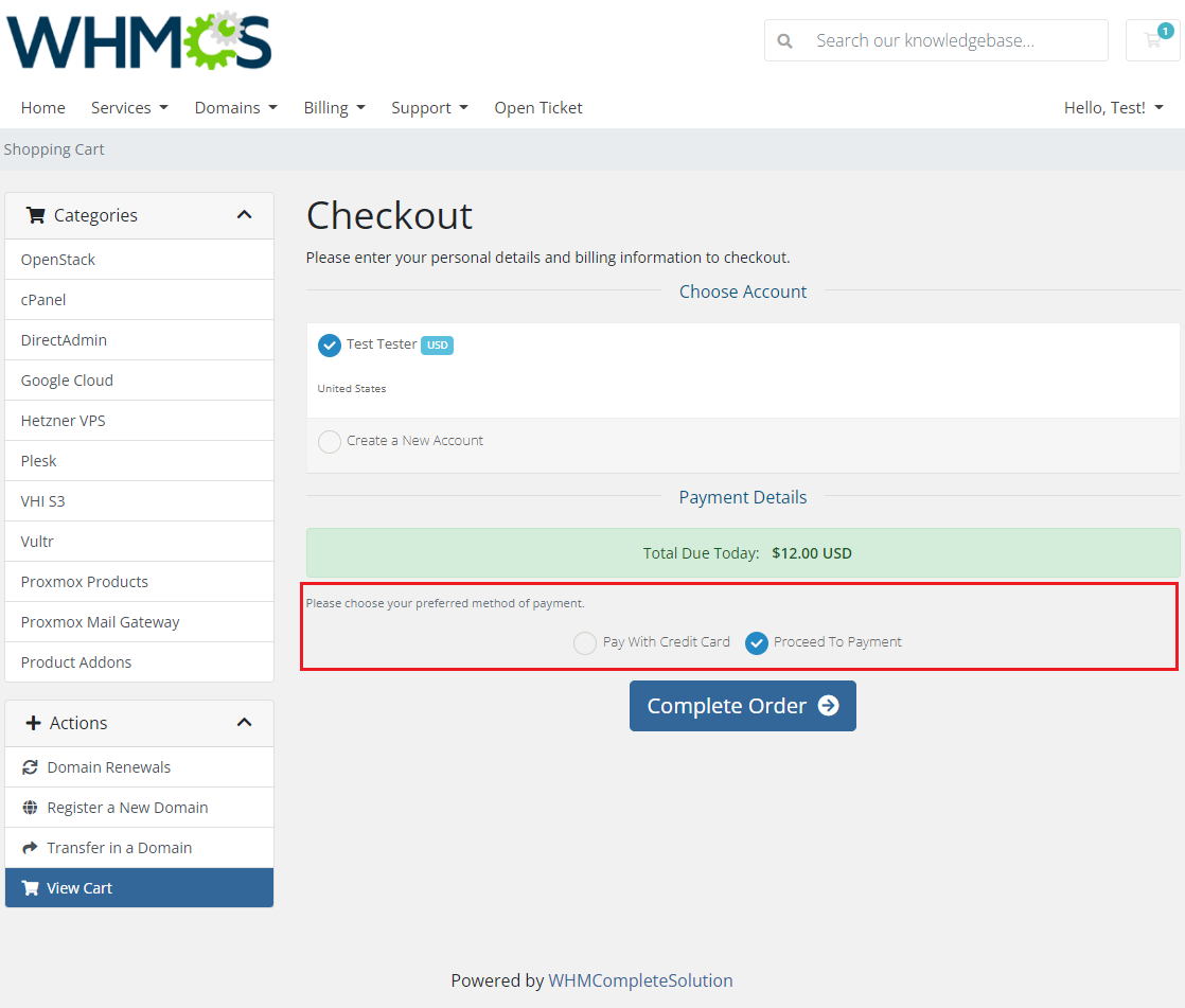 Payment Gateway Allocator For WHMCS: WHMCS checkout with Pay With Credit Card and Proceed To Payment methods marked