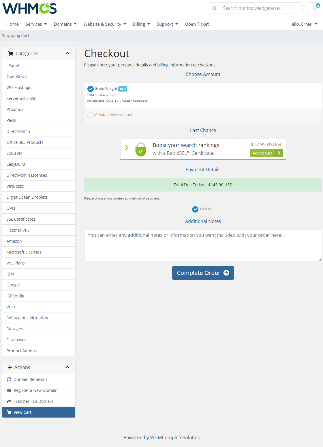 Payment Gateway Allocator For WHMCS: WHMCS client area checkout where a client from Russian Federation can use only