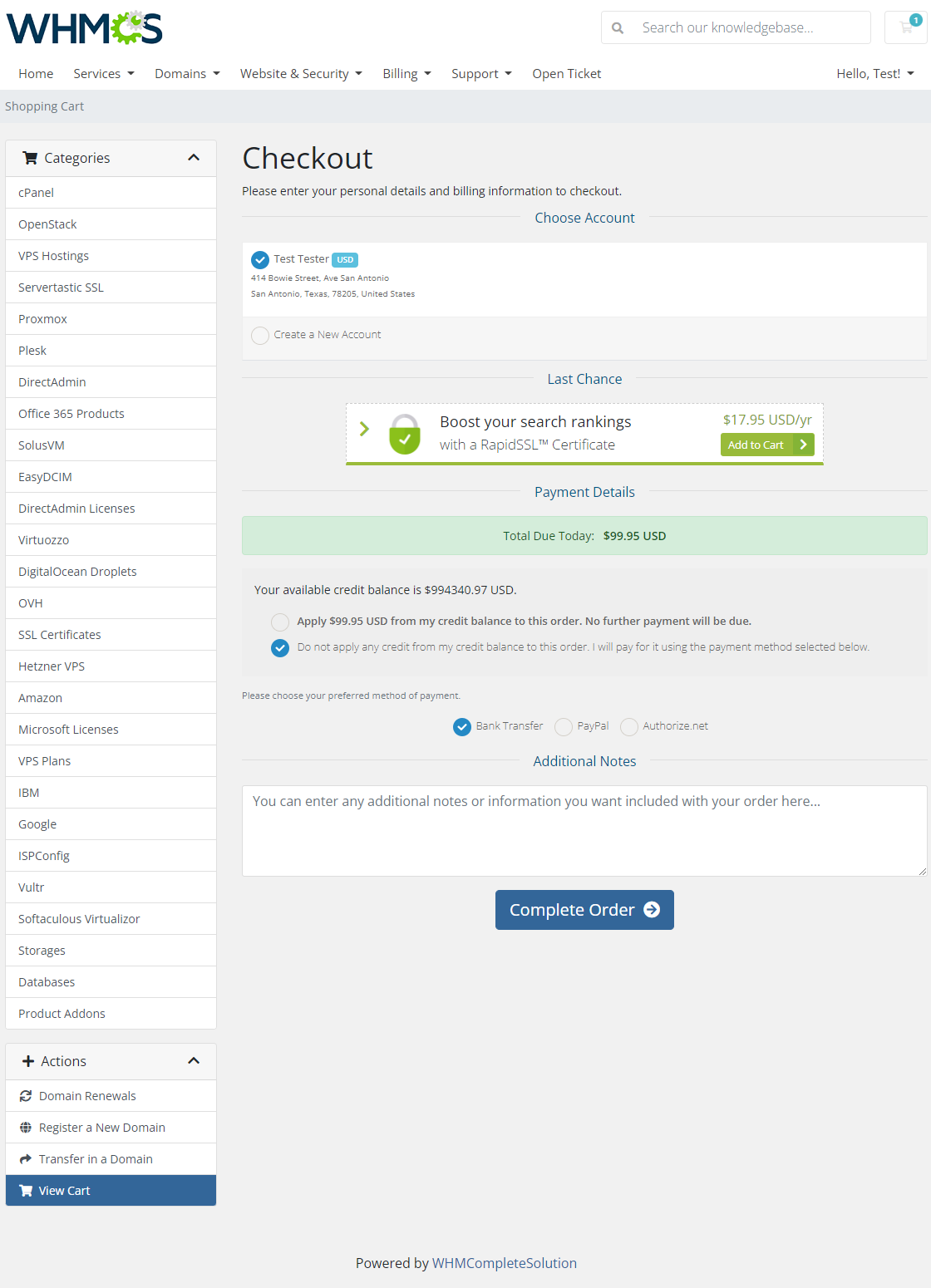 Payment Gateway Allocator For WHMCS: WHMCS checkout where a USA client can choose Bank Transfer, PayPal or Authorize.net