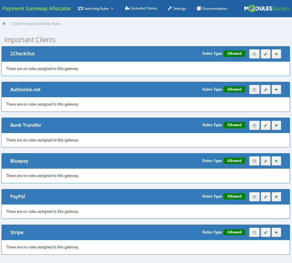 Payment Gateway Allocator For WHMCS: Client Group Switching Rules page for the Important Clients group with no rules