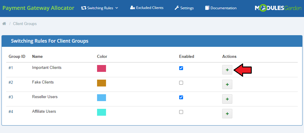 Payment Gateway Allocator For WHMCS: Switching Rules For Client Groups table with Enabled checkboxes and the add rules