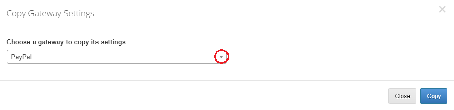 Payment Gateway Allocator For WHMCS: Copy Gateway Settings dialog with the gateway selection list and the Copy button