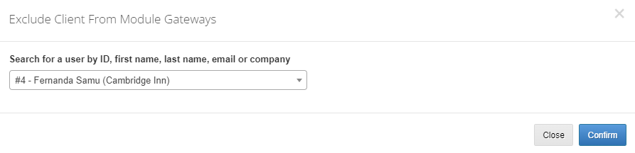 Payment Gateway Allocator For WHMCS: Exclude Client From Module Gateways dialog with client search and Confirm button