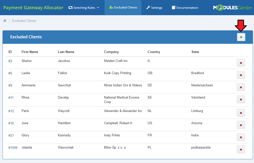 Payment Gateway Allocator For WHMCS: Excluded Clients tab with a list of clients and the add button highlighted