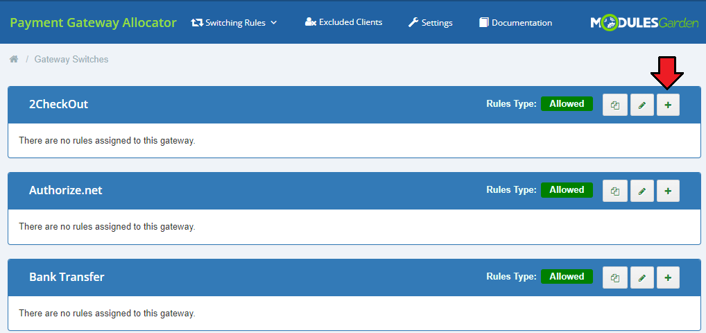 Payment Gateway Allocator For WHMCS: Gateway Switches tab with the plus button highlighted next to the 2CheckOut gateway