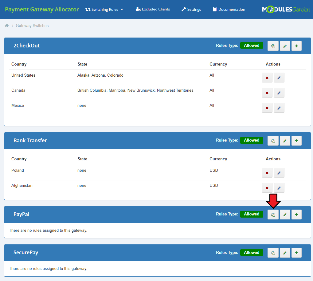Payment Gateway Allocator For WHMCS: Gateway Switches tab with the copy button highlighted next to the PayPal gateway